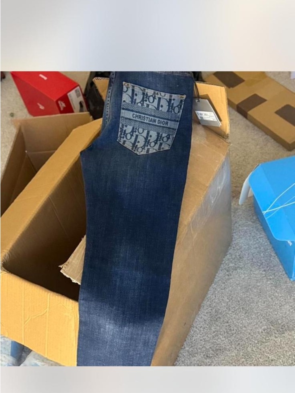 Dior Men's Dark Blue Denim Jeans with Monogram Pocket